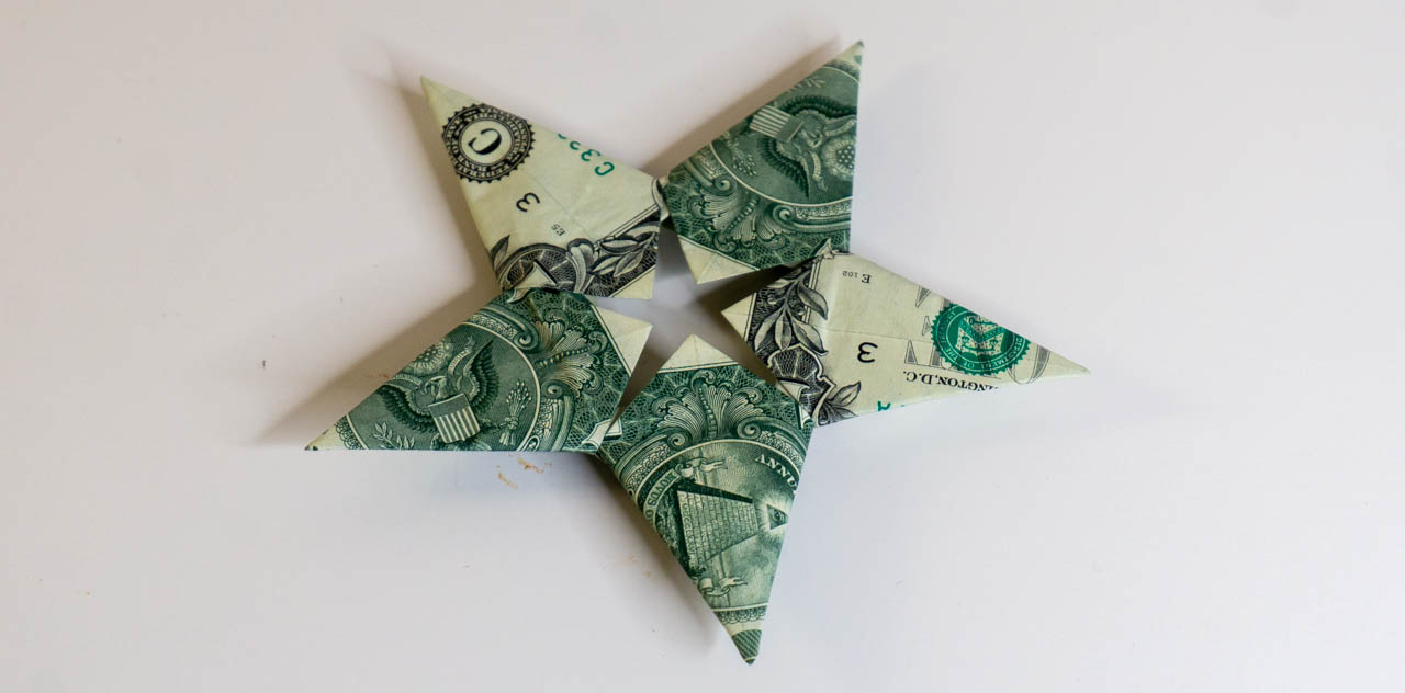 Modular Origami Money Star Using 5 Dollar Bills Pentagram Star