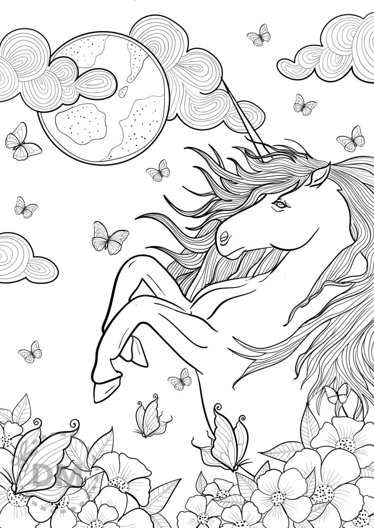 Fancy unicorn coloring page