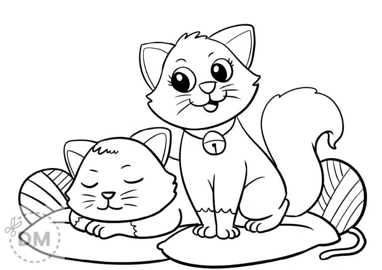 Cute Cat with Kitten Coloring Page