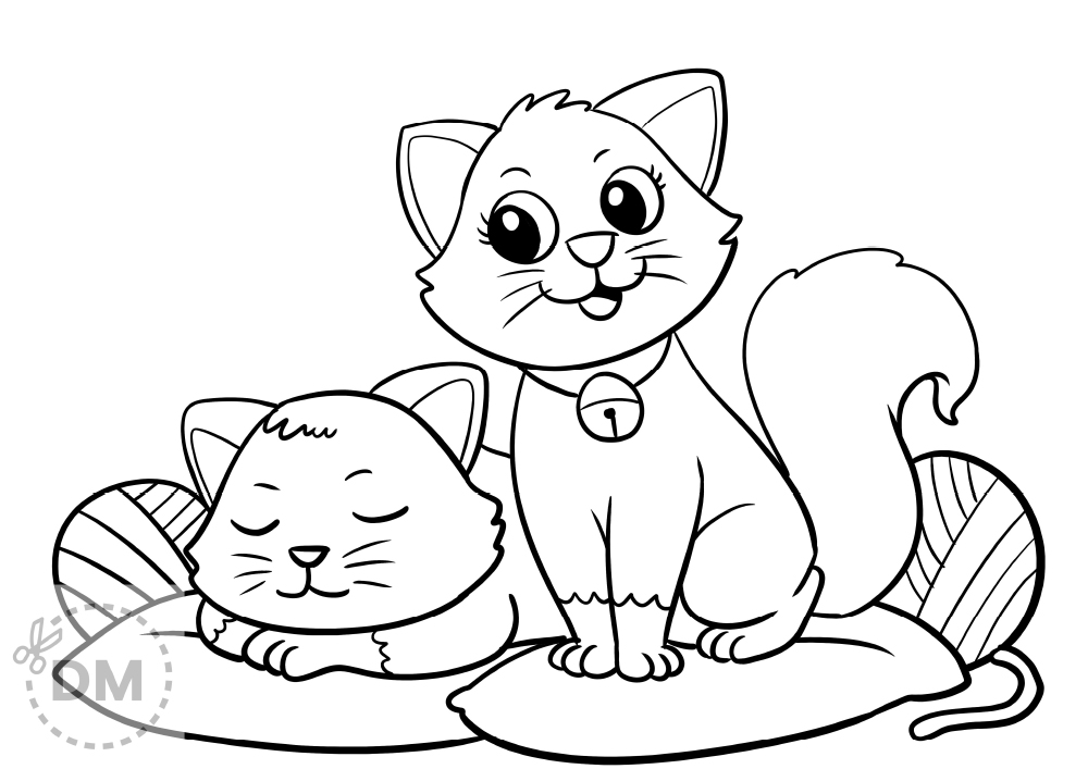 Cute Cat with Kitten Coloring Page - diy-magazine.com