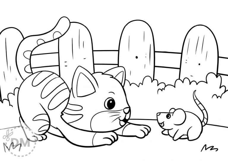 Kitten with Mouse Coloring Page For Kids