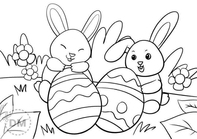 Easter Bunnies with Easter Eggs Coloring Page