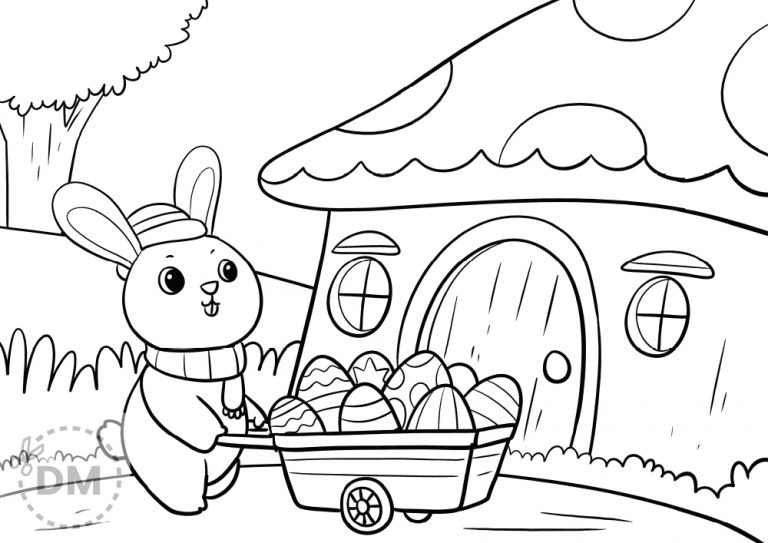 Easter Bunny with Wheelbarrow Coloring Page for Kids
