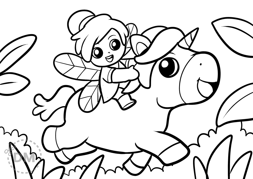 fairy and unicorn coloring page - thumbnail ver 1