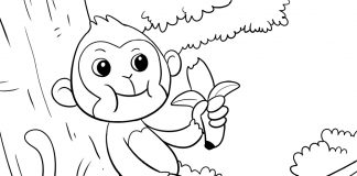 monkey with banana - coloring page for kids - thumbnail