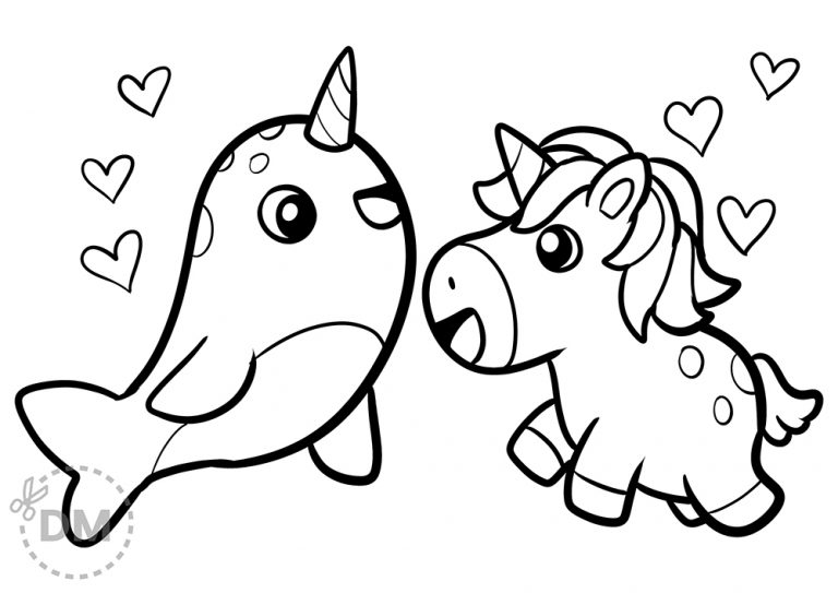 Narwhal and Unicorn  Friends Coloring Page