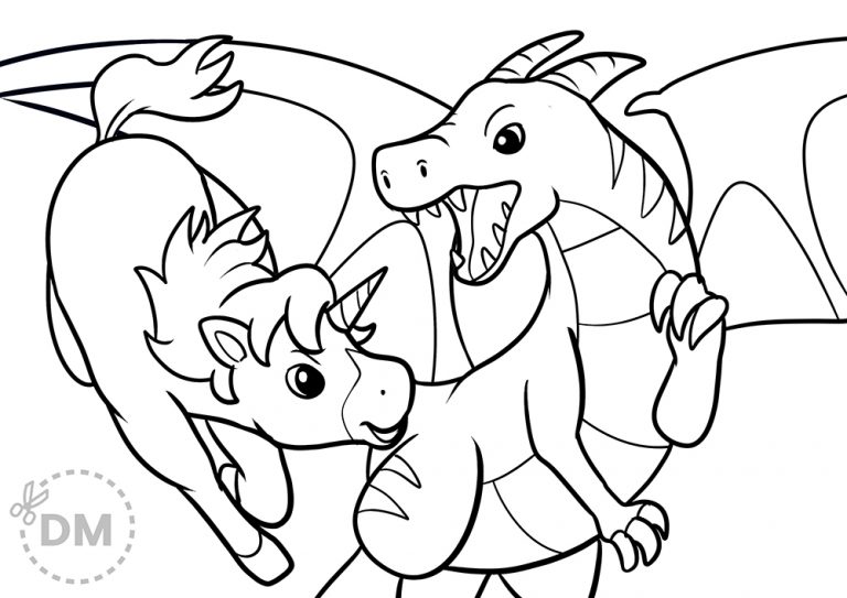 Cool Unicorn and Dragon Coloring Page