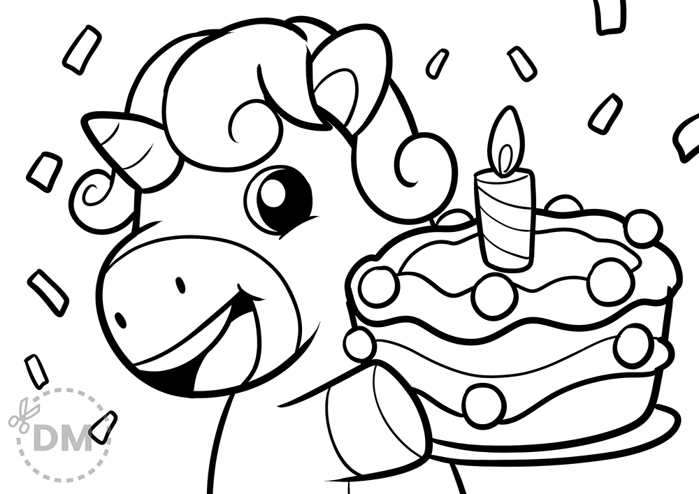 Unicorn Birthday Coloring Page for Kids - diy-magazine.com