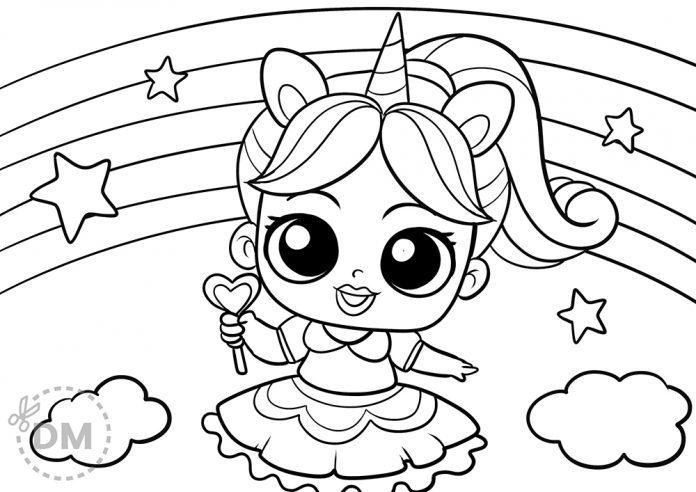 Unicorn Lol Doll Coloring Page for Girls - Rainbows and Star Theme