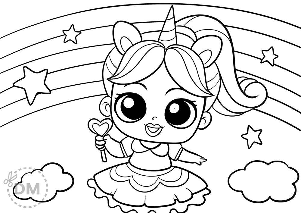 Unicorn Lol Doll Coloring Page for Girls - Rainbows and Star Theme