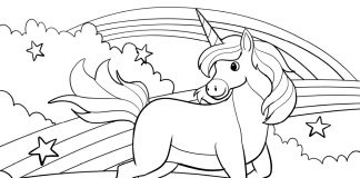 unicorn on rainbow coloring page - thumbnail