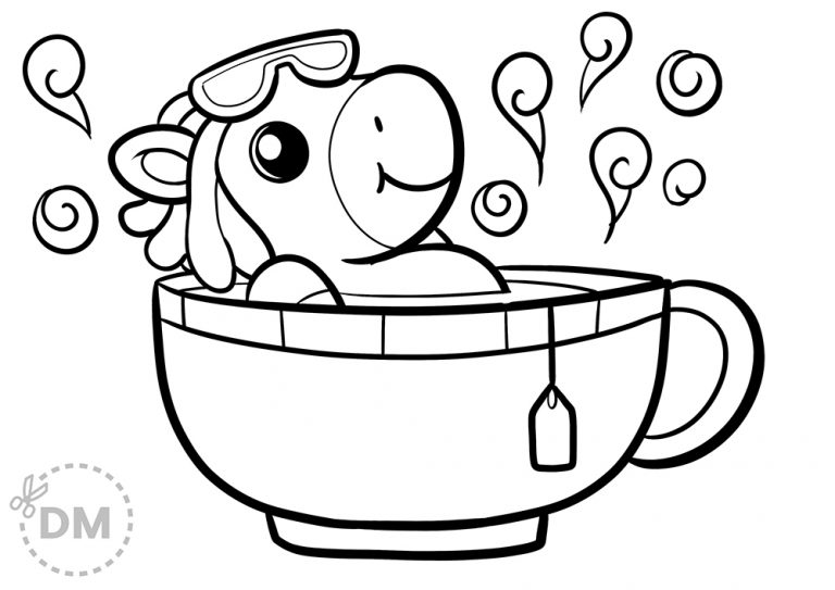 Unicorn Relax Coloring Page – Tea Time Illustration