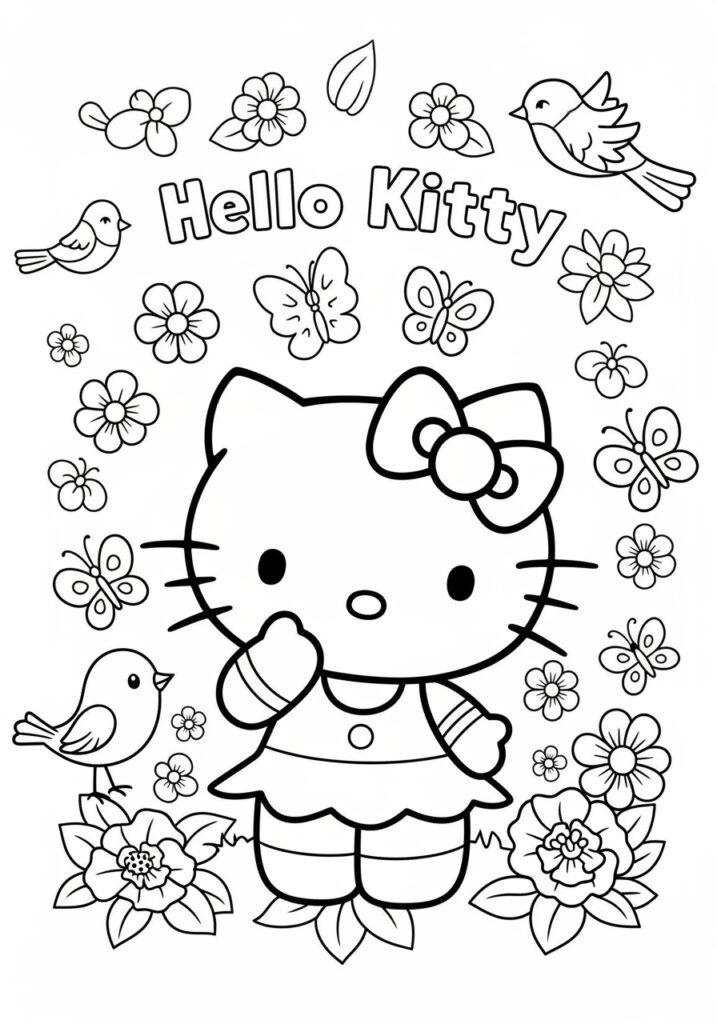 Hello Kitty Blumen-Malvorlage zum Ausdrucken