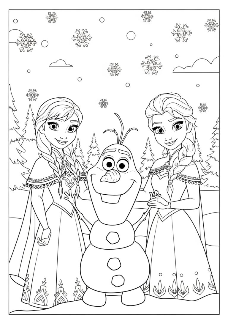 Printable Anna, Elsa, and Olaf Coloring Page