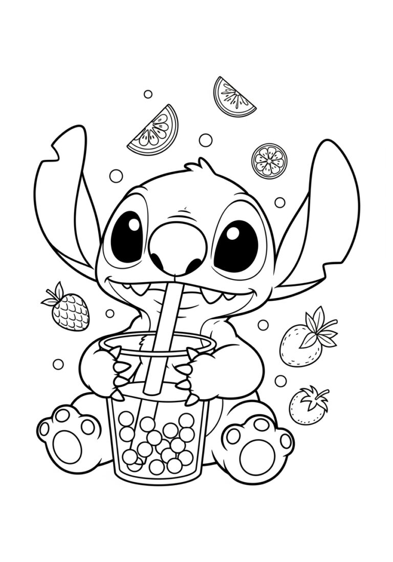 Stitch Drinking Bubble Tea Coloring Page