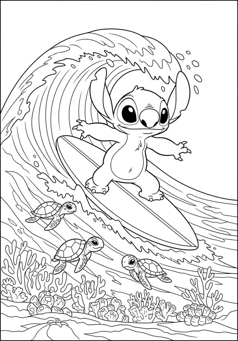 Stitch Surfing Coloring Page: Fun and Free Printable for Kids Stitch Surfing Coloring Page: Fun and Free Printable for Kids
