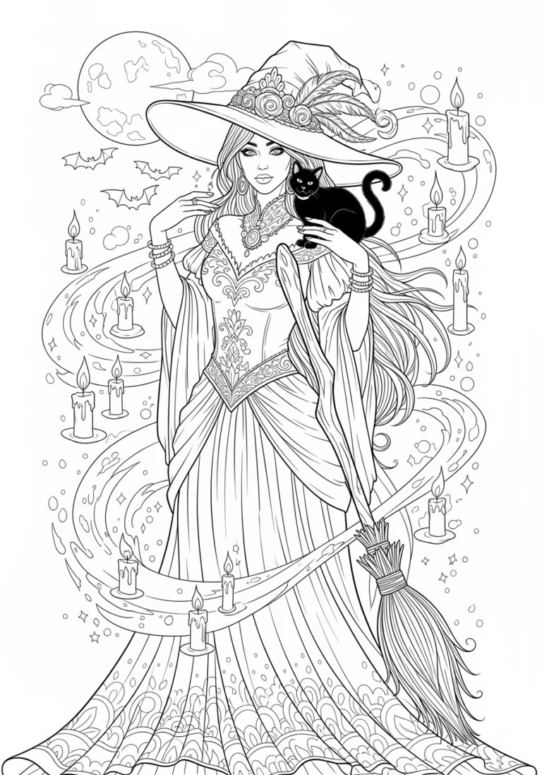 Beautiful Witch Coloring Page to Print and Color
