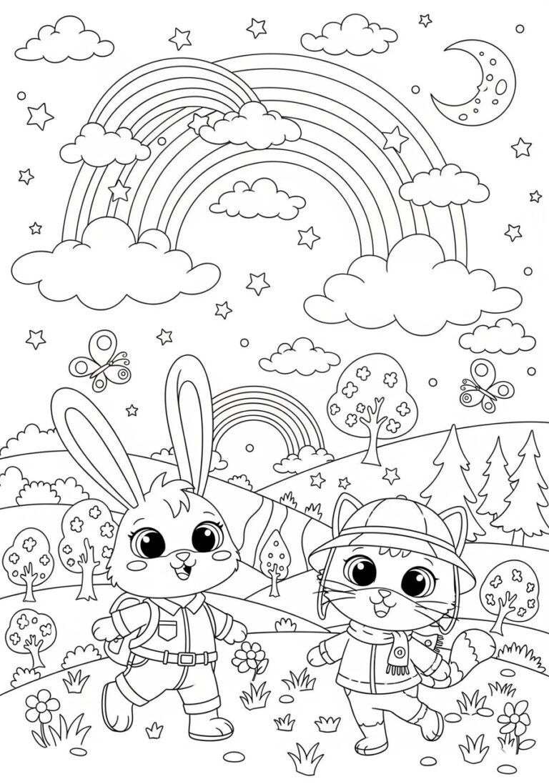 Bunny and Cat Coloring Page to Print and Color Bunny and Cat Coloring Page to Print and Color