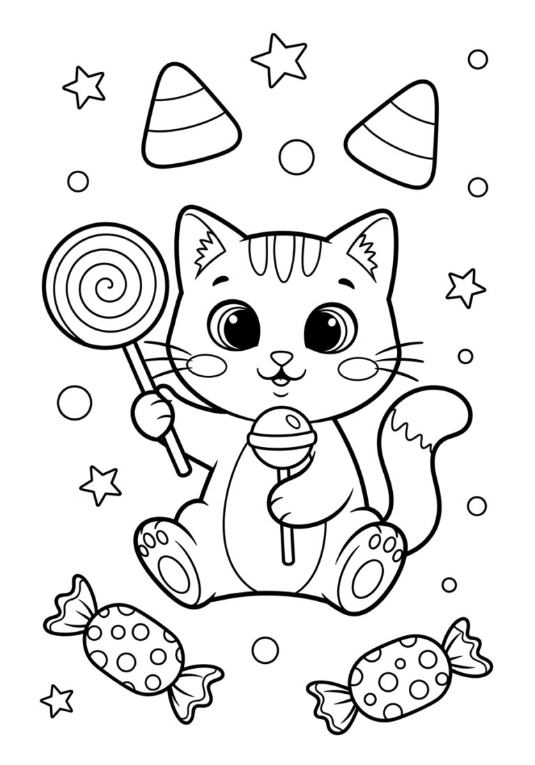 Candy Cat Coloring Page to Print Out and Color