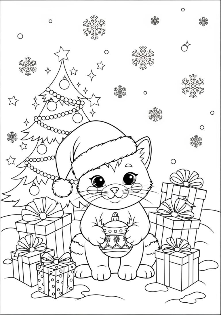 Cat Christmas Coloring Page to Print Out and Color