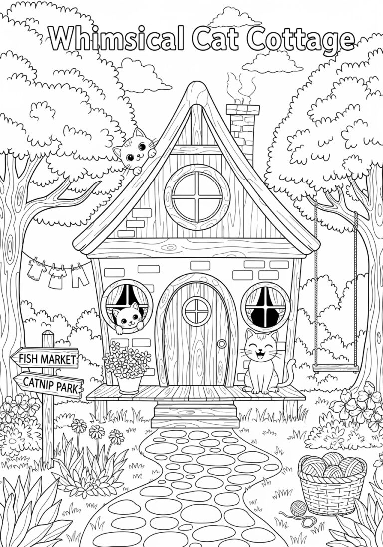 Cat House Coloring Page to Print and Color