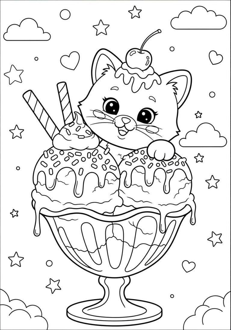 Cat Ice Cream Coloring Page to Print Out and Color Cat Ice Cream Coloring Page to Print Out and Color