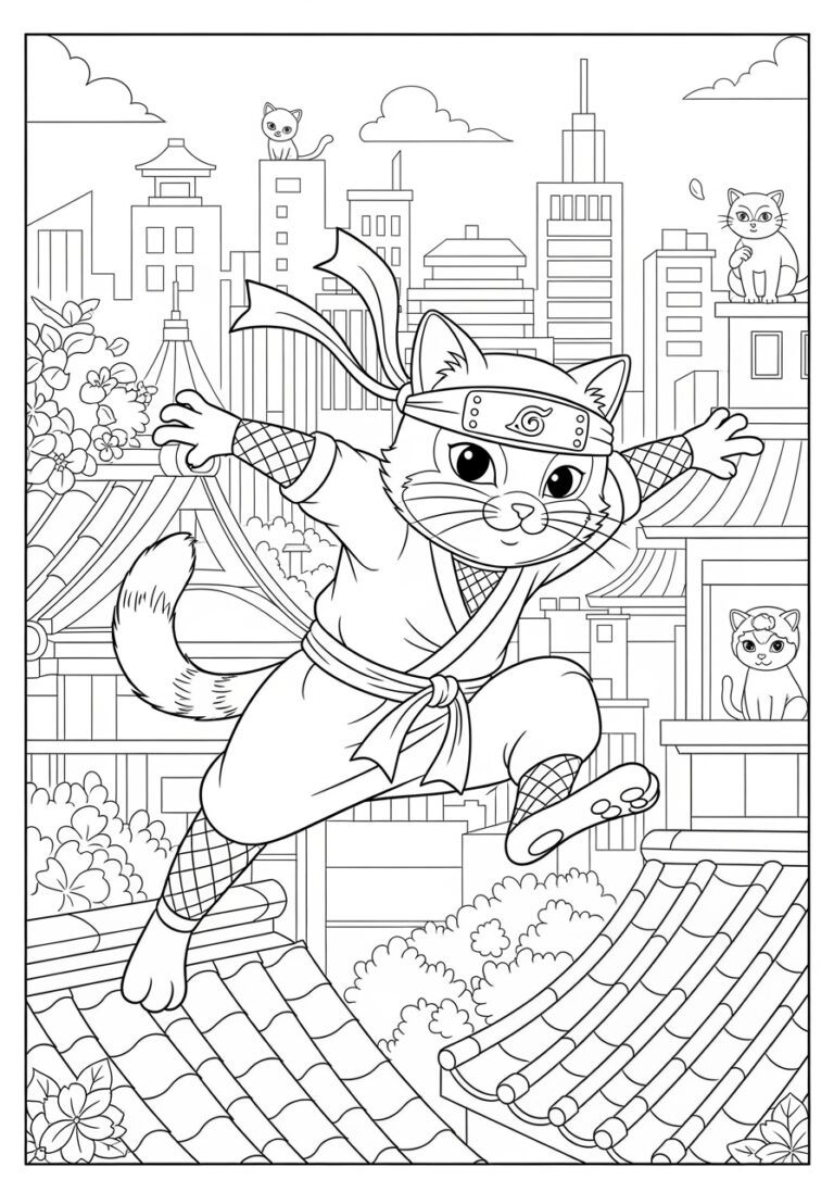 Cat Ninja Coloring Page to Print Out and Color
