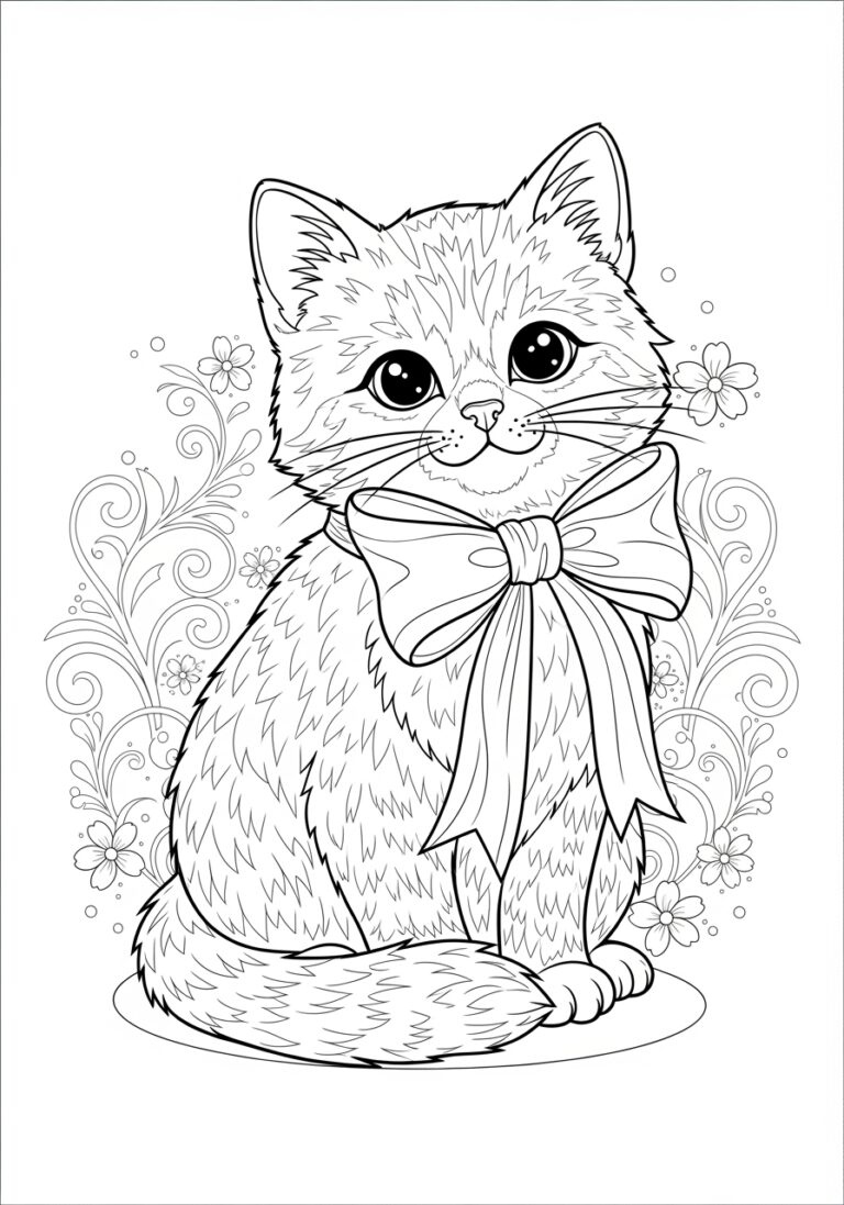 Cat with Bow Coloring Page