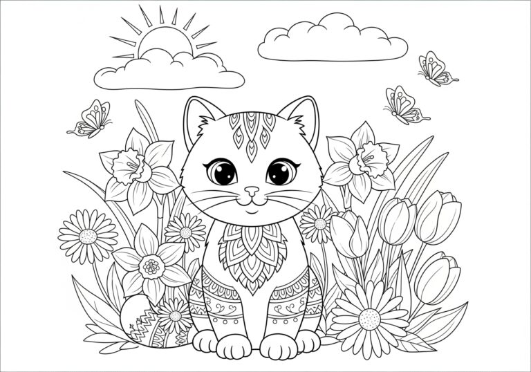 Cat with Flowers Coloring Page