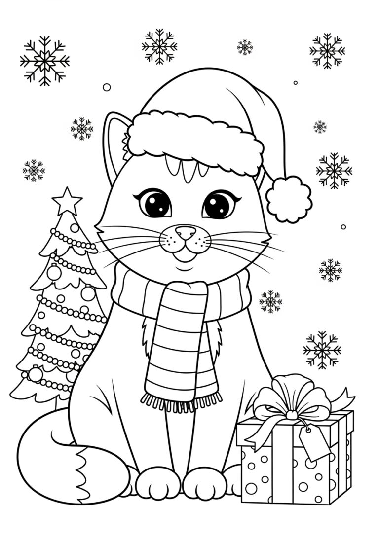 Cat with Santa Hat Coloring Page