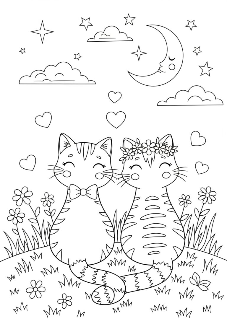 Cat in Love Coloring Page to Print Out and Color