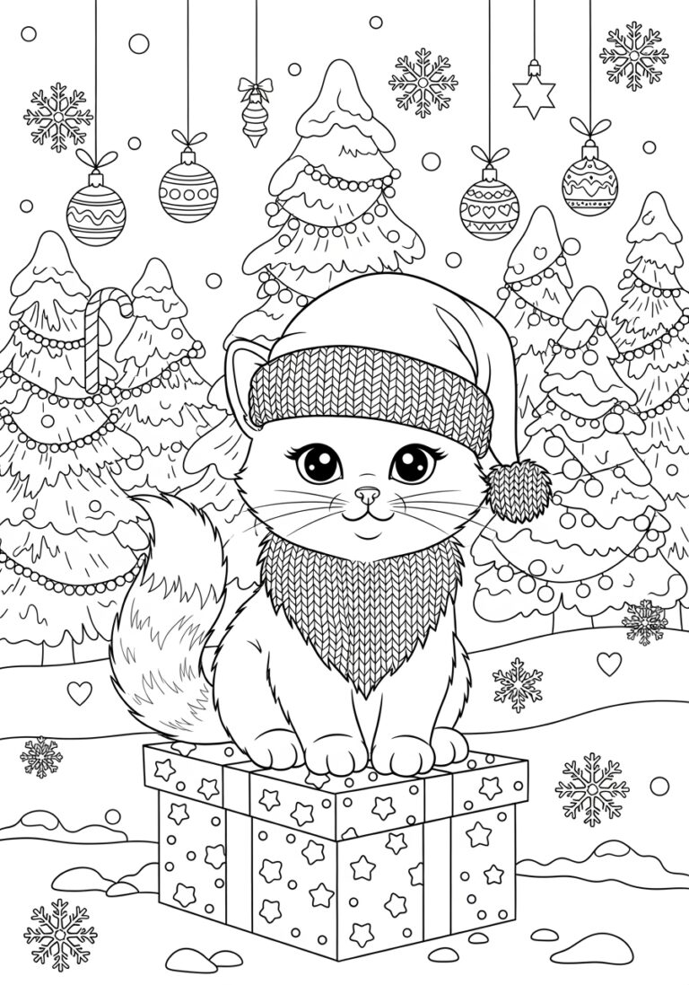 Christmas Kitty Coloring Page to Print Out and Color