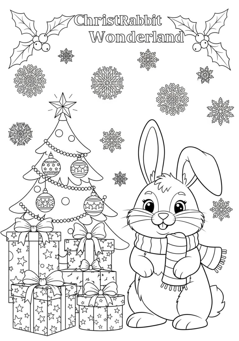 Christmas Rabbit Coloring Page to Print Out and Color