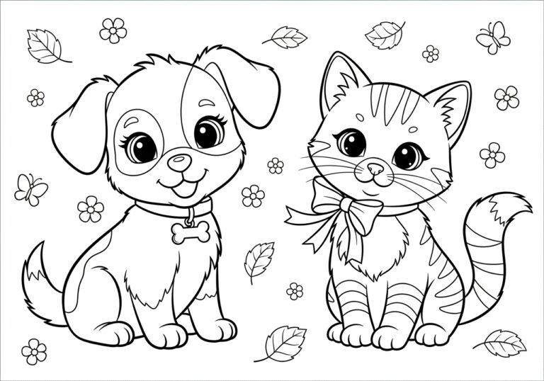 Coloring Page of a Puppy and Kitten