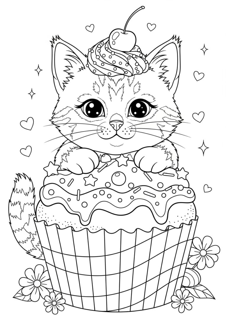 Cupcake Cat Coloring Page to Print Out and Color