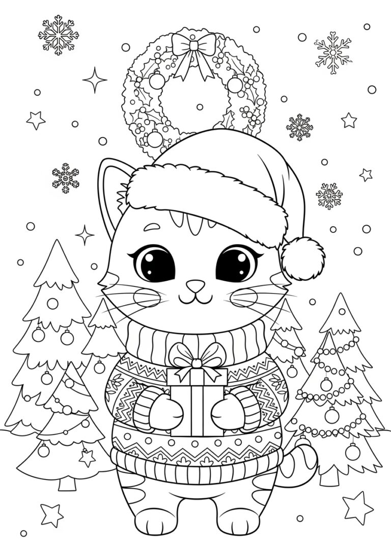 Cute Christmas Cat Coloring Page to Print Out and Color