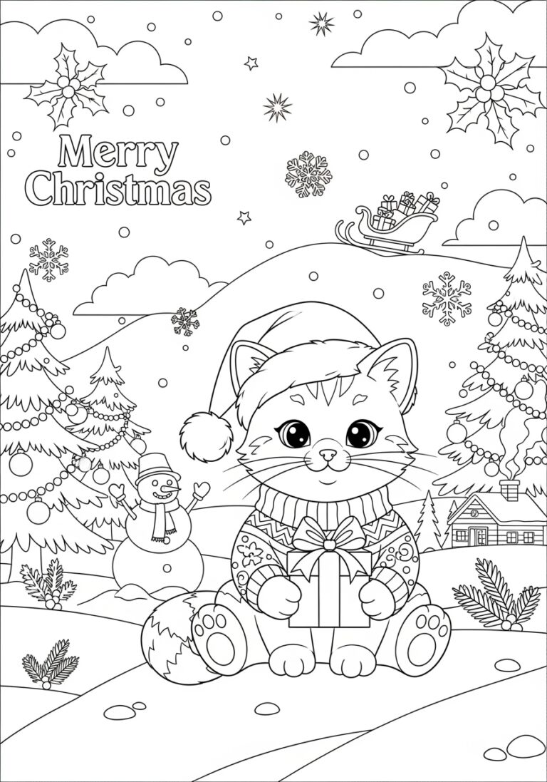 Cute Christmas Kitten Coloring Page