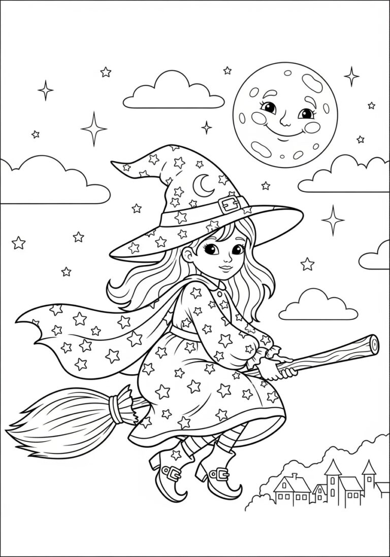 Cute Halloween Witch Coloring Page to Print Out and Color