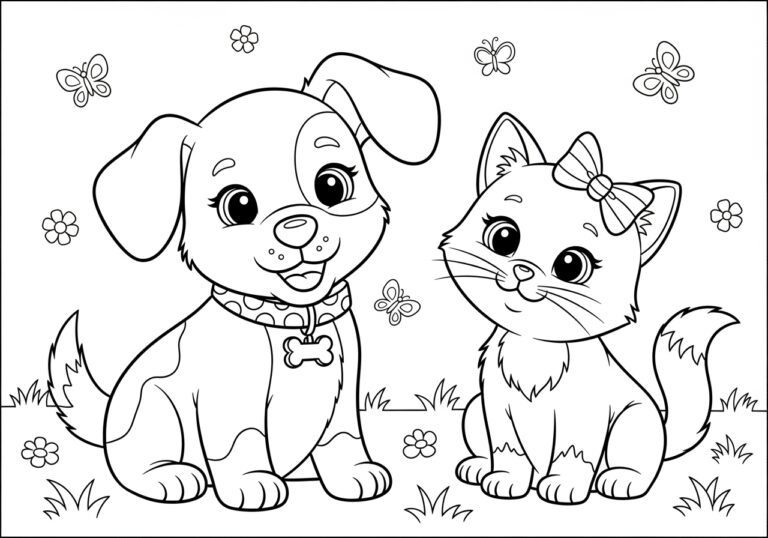 Cute Puppy and Kitten Coloring Page