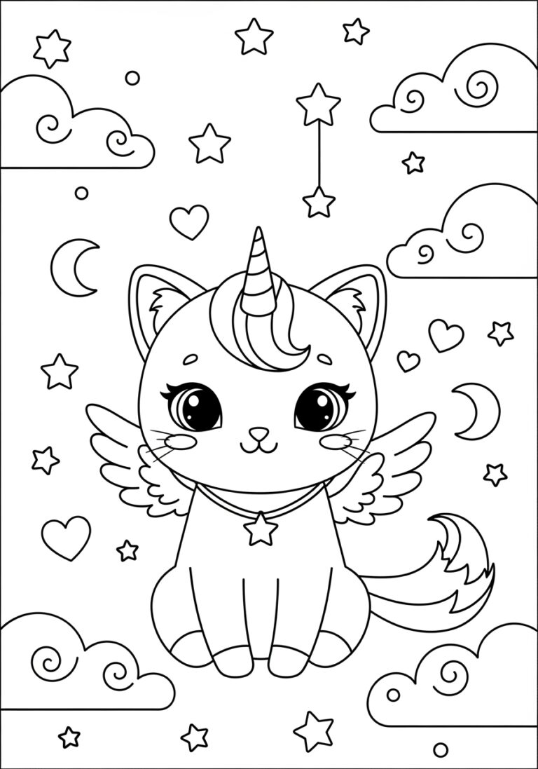 Cute Unicorn Kitty Coloring Page to Print Out and Color