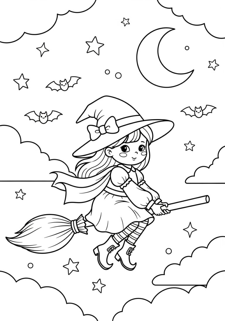 Cute Witch Coloring Page to Print Out and Color