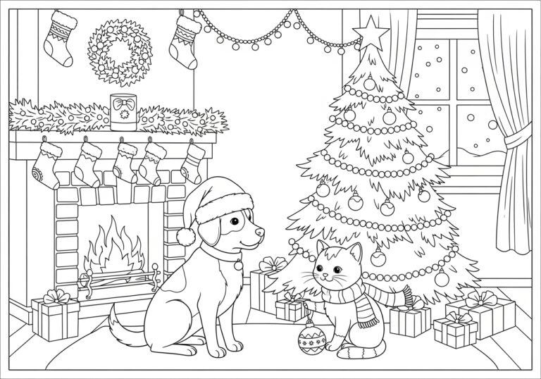 Dog and Cat Christmas Coloring Pages