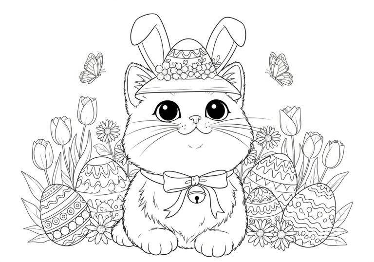 Easter Cat Coloring Page to Print Out and Color