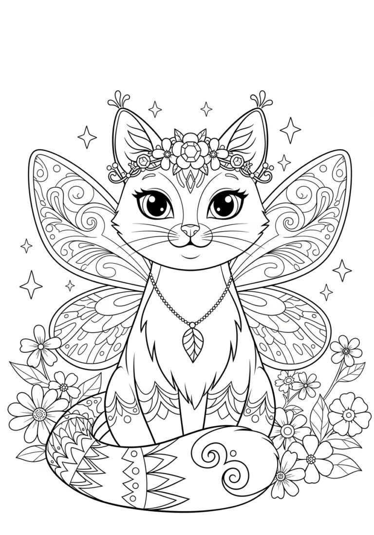 Fairy Cat Coloring Page to Print Out and Color