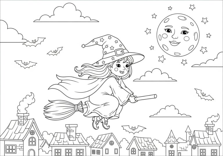 Flying Witch Coloring Page to Print Out and Color