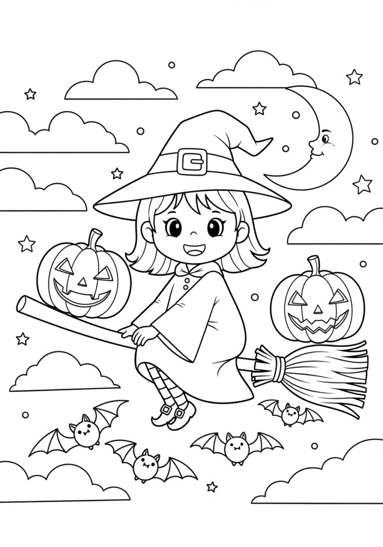 Halloween Witch Coloring Page for Kindergarten