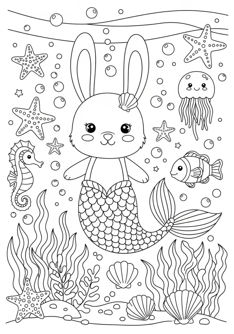 Mermaid Bunny Coloring Page to Print Out and Color Mermaid Bunny Coloring Page to Print Out and Color