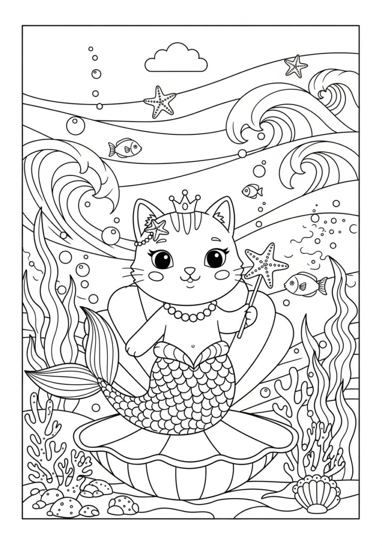 Mermaid Cat Coloring Page to Print Out and Color