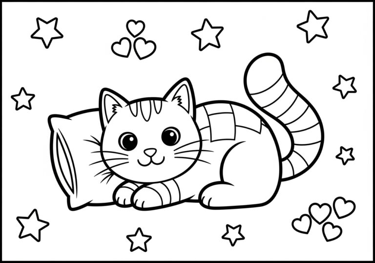 Pillow Cat Coloring Page to Print and Color