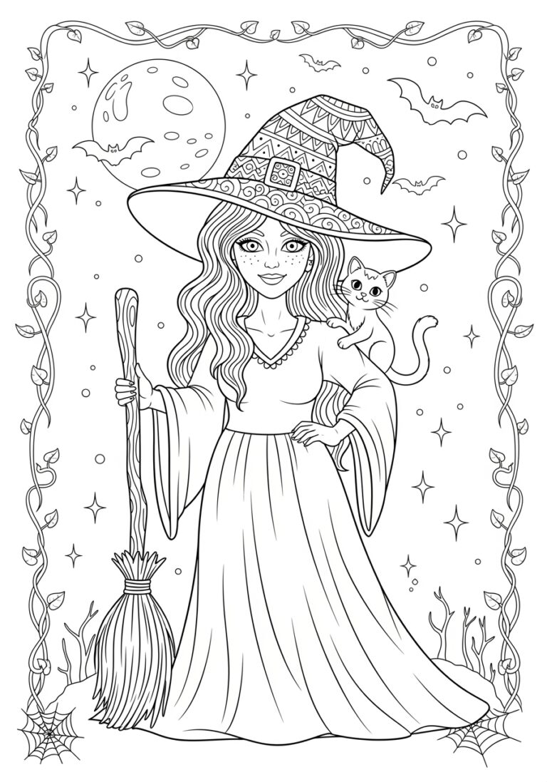 Pretty Witch Coloring Page to Print Out and Color